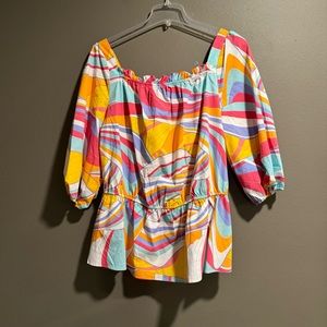 Ashley Stewart Multicolored Papaya Square Neck Puff Sleeves Top Sz 18